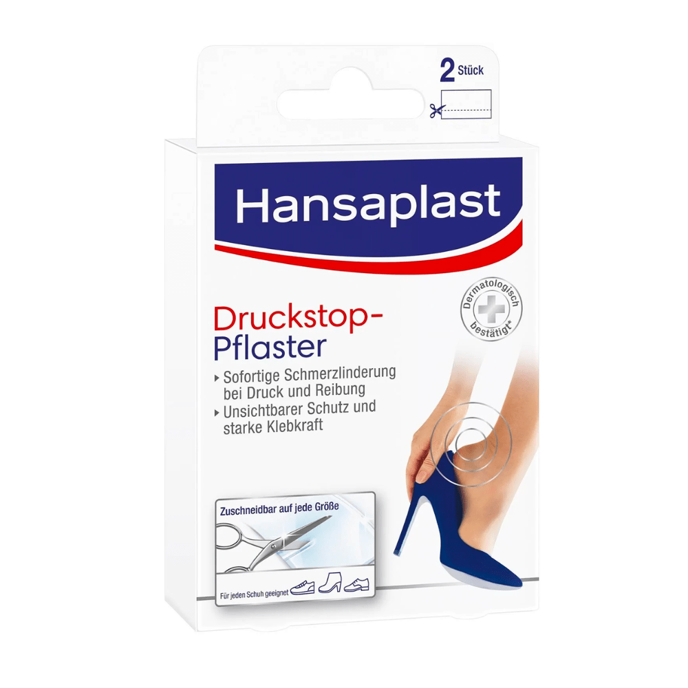 Förpackning av Hansaplast tryckavlastande plåster från Beiersdorf AG med en bild av en kvinnofot i högklackade skor, som lovar lindring av trycksmärtor. Texten är på tyska och betonar skyddspol.