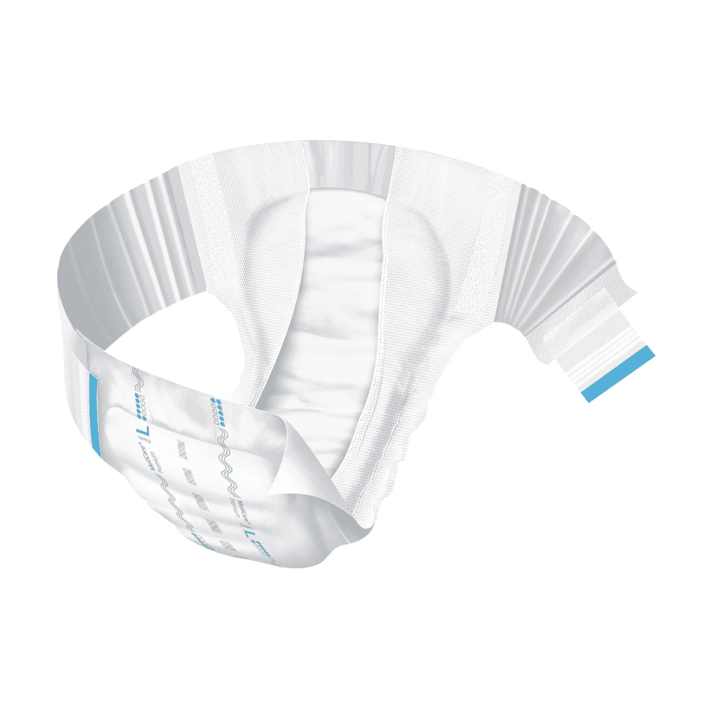 En vuxenblöja från Hartmann MoliCare® Premium Elastic-serien från Paul Hartmann AG, med vitt och blått mönster, avbildas i en svängd komposition mot en vit bakgrund, vilket framhäver dess absorberande och flexibla egenskaper.