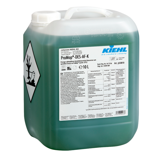 Ein 10-Liter-Kanister Kiehl ProMop-DES-AF-K, ein grünes, aldehydfreies Desinfektionsmittelkonzentrat der Johannes Kiehl KG zur professionellen Flächenreinigung und -desinfektion. Auf dem Etikett befinden sich Produktinformationen, Sicherheitshinweise und Gefahrensymbole.