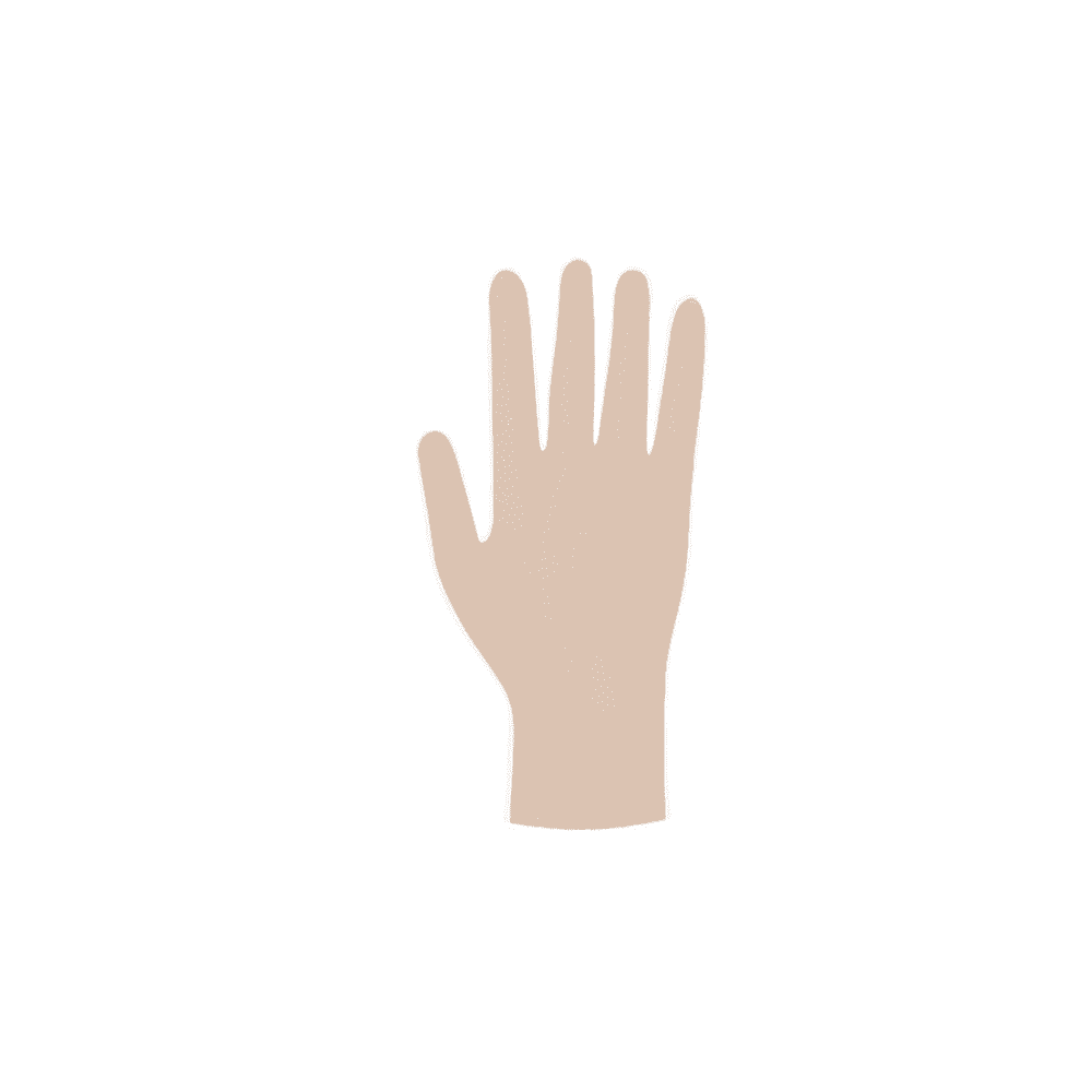 Illustration av en mänsklig hand i neutral position med utsträckta fingrar, avbildad i en platt grafisk stil med sterila engångshandskar av märket Meditrade Copolymed®.