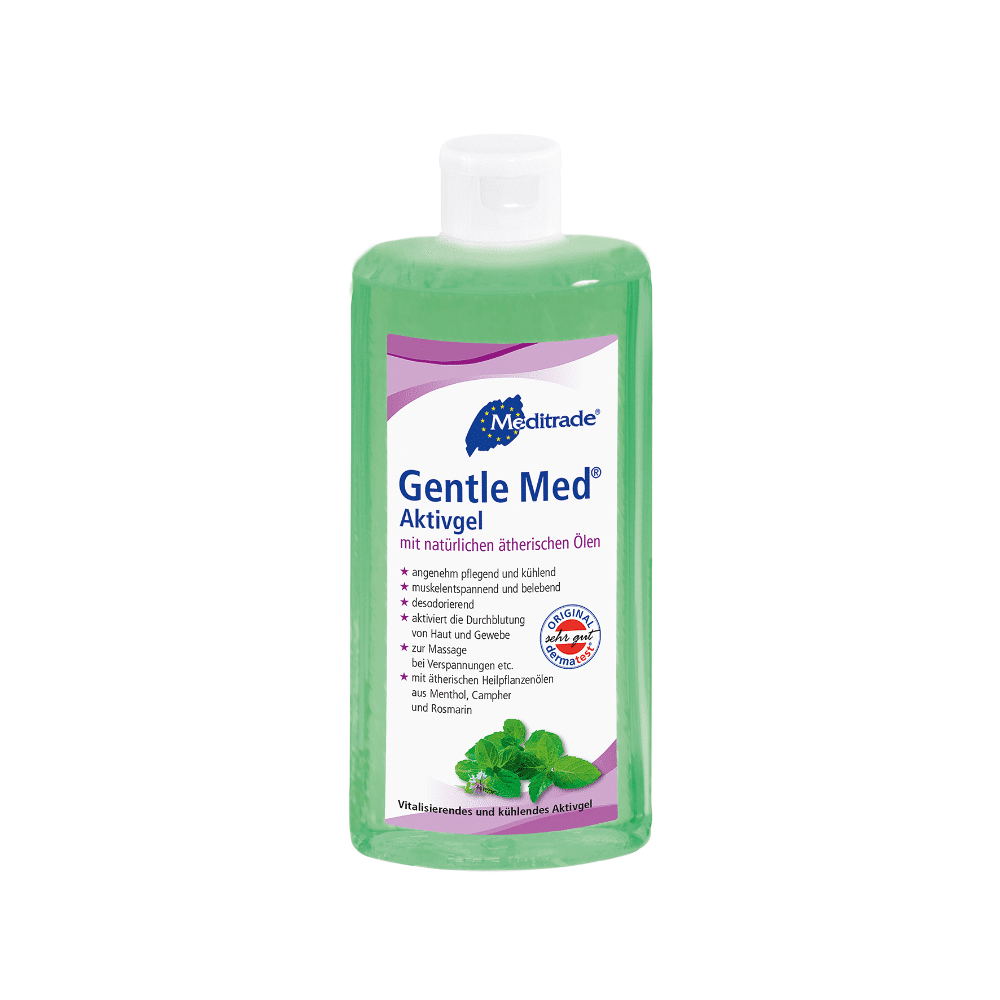 En 500 ml-flaska Meditrade Gentle Med® Aktivgel från Meditrade GmbH, som innehåller ett svalkande grönt gel berikat med naturliga eteriska oljor som mentol och rosmarin. Den tyska etiketten kompletteras av ett vitt klafflock.