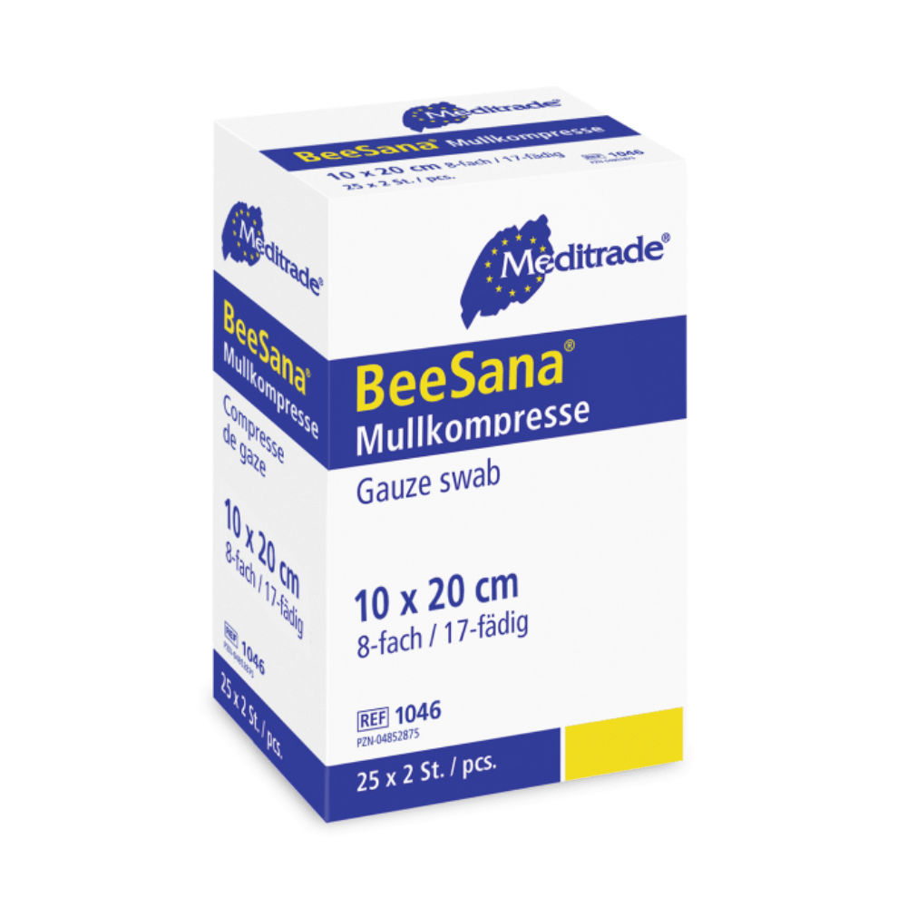 En förpackning Meditrade BeeSana® gasvävskompresser, enkelsteriliserade, 8-lagers sterila gasvävstussar, storlek 10 x 20 cm med 8 lager och 17 trådar. Meditrade GmbH.