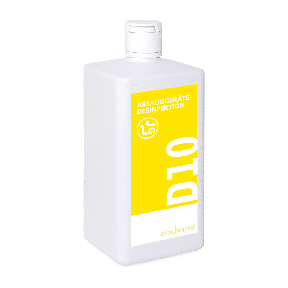 Orochemie D 10 Desinfektionsmedel för sugapparater, även för inhalationsapparater (1 l flaska) från orochemie GmbH + Co KG: Aldehydfritt desinfektionsmedel i vit plastflaska med gul ”D10”-etikett för sug- och inhalationsapparater.