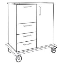 Strichzeichnung des Novocal Pflege- und Arbeitswagens: links drei Auszüge, rechts ein eintüriger Schrank, robuste Vollkunststoffplatte und vier Lenkrollen. Marke: Novocal. Packung (1 Stück).