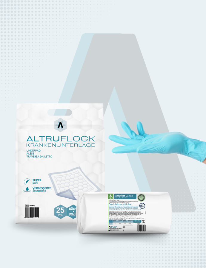 Eine Packung Altruflock Krankenunterlagen, eine Hand mit einem blauen medizinischen Handschuh und eine Rolle Krankenunterlagen werden vor einem hellen Hintergrund mit einem großen, stilisierten