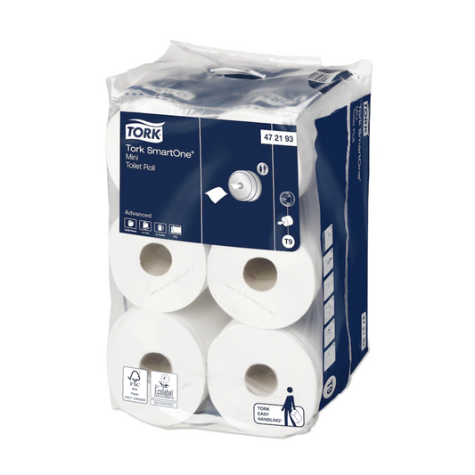 Die Verpackung für Tork SmartOne® 472193 Mini Toilettenpapier Advanced T9 2-lagig, hergestellt von TORK – Essity Professional Hygiene Germany GmbH, präsentiert zwölf Rollen. Das blau-weiße Design betont die hygienische Einzelblattentnahme, die den Toilettenpapierverbrauch senken soll, und zeigt Produktinformationen und Rollenbilder deutlich.