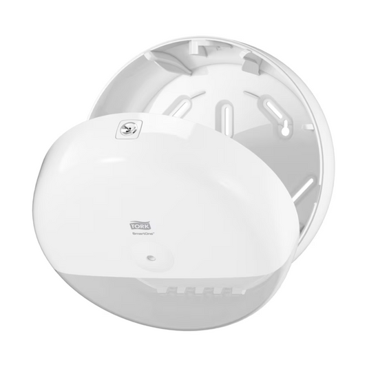 Der Tork SmartOne® 680000 Spender für Toilettenpapier Elevation T8, hergestellt von TORK – Essity Professional Hygiene Germany GmbH für Einzelblattentnahme, ist offen und leer abgebildet und offenbart sein rundes Design und ein oberes Schloss. Im Inneren befinden sich Haken und Fächer zur Aufnahme von Toilettenpapierrollen.