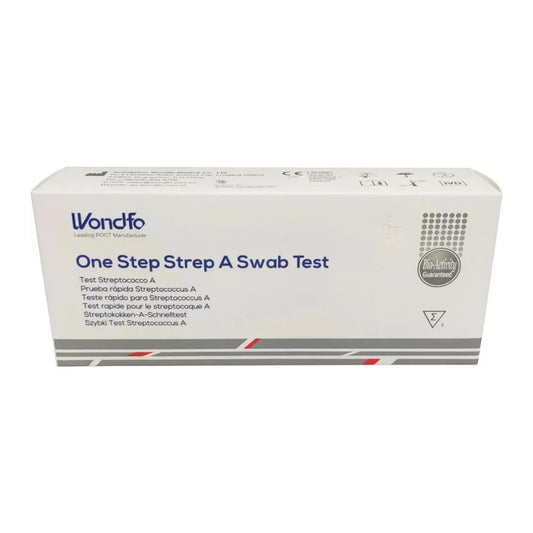 Abgebildet ist eine weiße Schachtel mit der Aufschrift „Wondfo Streptokokken A Schnelltest – Scharlach Selbsttest“ von Altruan, ideal für den Streptokokken-Nachweis zu Hause. Die Verpackung weist einen mehrsprachigen Text und ein Qualitätssiegel auf der rechten Seite auf, mit roten und grauen Streifen an der Unterseite.