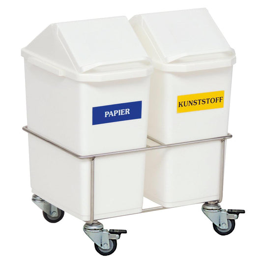 Der Novocal Zimmer-Wertstoffsammler Zweifachsammler besteht aus zwei weißen Behältern mit der Aufschrift "PAPIER" und "KUNSTSTOFF" in einem Edelstahl-Rollengestell, ideal für die Mülltrennung in Krankenhäusern und Pflegeeinrichtungen.