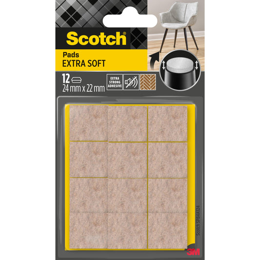 Eine Packung mit 12 Scotch® Extra weiche Filzpads SP84A24, selbsthaftend, beige, 24 mm x 22 mm von 3M Deutschland GmbH. Lieferung auf gelber Unterlage; die Verpackung zeigt ein Stuhlbein, das durch das Pad geschützt wird.
