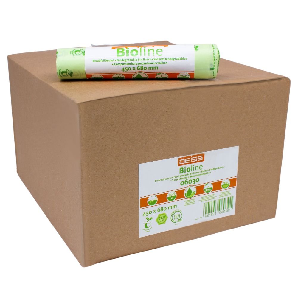 En stor brun kartong med texten ”EMIL DEISS KG (GmbH + Co.)” och en rulle DEISS-påsar för organiskt avfall, 30 liter, 06030, på. Rullen har måtten 450 x 680 mm och är försedd med symboler som anger att påsen är komposterbar och biologiskt nedbrytbar.