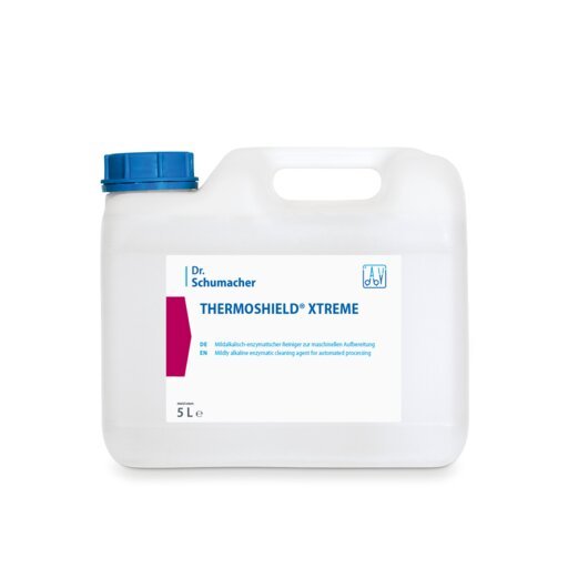 En vit 5-liters plastbehållare med blått lock och texten "Dr. Schumacher THERMOSHIELD® XTREME", en enzymatisk rengörare från Dr. Schumacher GmbH för industriell ytbeläggning, står framför en vit bakgrund.