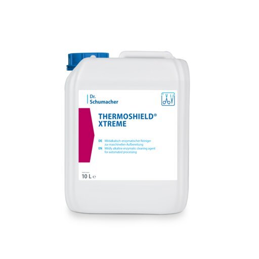 En vit 10-liters plastbehållare med blått lock och texten "Dr. Schumacher THERMOSHIELD® XTREME" (från Dr. Schumacher GmbH), med tysk produktinformation och en symbol för automatisk bearbetning - idealisk för industriell ytbeläggning och ytskydd.