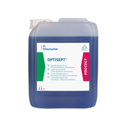 Ein 5-Liter-Kunststoffbehälter des Dr. Schumacher OPTISEPT® Desinfektionsreinigers der Dr. Schumacher GmbH mit blauer Flüssigkeit und mehrsprachigem weißen Etikett zur effektiven Flächendesinfektion und -reinigung.