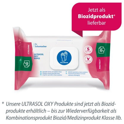 En förpackning med Dr. Schumacher Ultrasol Oxy Wipes desinfektionsservetter (108 servetter) är märkt med den blå symbolen ”Use Gloves” (använd handskar) och anger att produkten är ett biocid, samtidigt som den tyska texten betonar att den är avsedd för medicinsk utrustning.