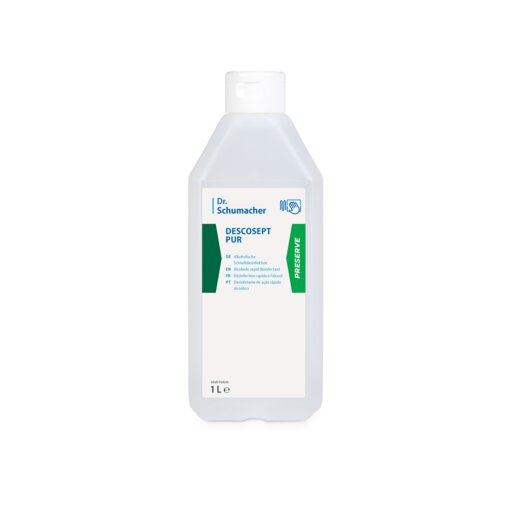 En 1L plastflaska Dr. Schumacher DESCOSEPT PUR, snabbdesinfektion från Dr. Schumacher GmbH, med vit etikett med gröna och blå accenter och vit kork. Idealisk för medicinsk utrustning; stående på vit bakgrund.
