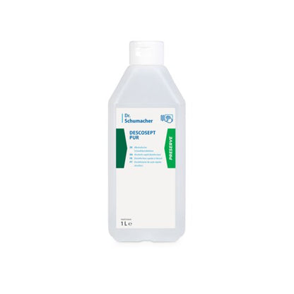 En 1L plastflaska Dr. Schumacher DESCOSEPT PUR, snabbdesinfektion från Dr. Schumacher GmbH, med vit etikett med gröna och blå accenter och vit kork. Idealisk för medicinsk utrustning; stående på vit bakgrund.