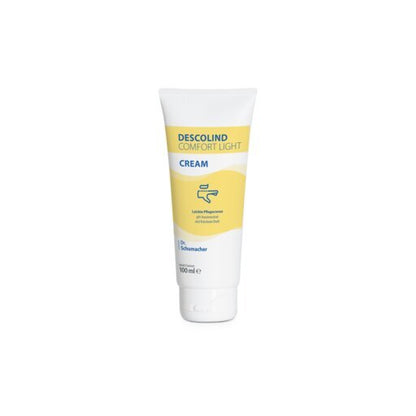 Den vit-gula 100 ml tuben av Dr. Schumacher DESCOLIND COMFORT LIGHT CREAM från Dr. Schumacher GmbH står upprätt på en enkel vit bakgrund, idealisk som vårdkräm för känslig hud som ger intensiv fukt.