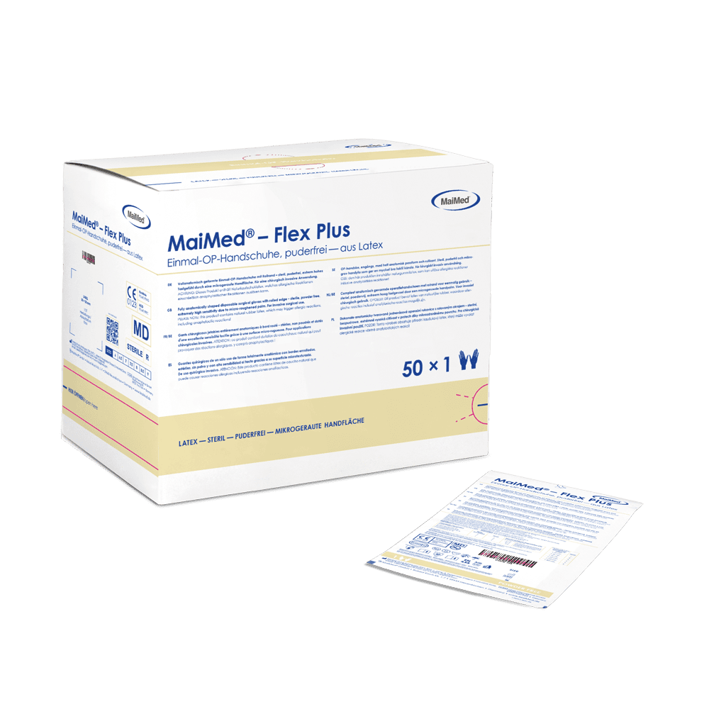 MaiMed-Flex Plus PF-sterila puderfria operationshandskar i latex, 50 par/kartong
