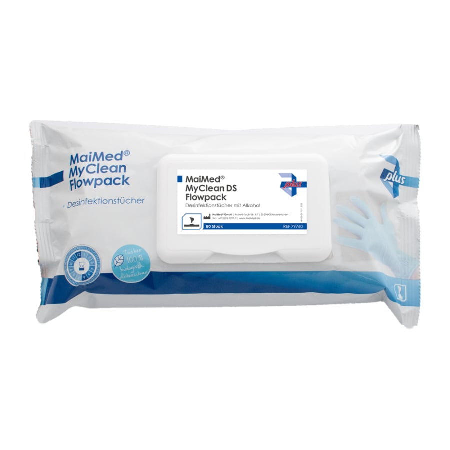 MaiMed MyClean DS Flowpack, 80 ark 20x20 cm, indränkta våtservetter | Förpackning (80 stycken)