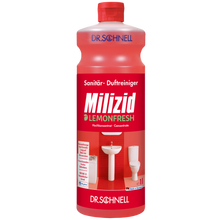 Eine rote Flasche Dr. Schnell MILIZID LEMONFRESH der DR.SCHNELL GmbH & Co. KGaA, mit rotem Drehverschluss, deutschem Text und den Abbildungen eines Waschbeckens und einer Toilette auf dem Etikett.