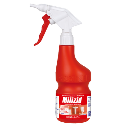 Der Dr. Schnell Handsprüher leer 600 ml von DR.SCHNELL GmbH & Co. KGaA ist eine rot-weiße Sprühflasche mit deutschem Text, Reinigungssymbolen für das Badezimmer, einem QR-Code und einer Auslösetülle.