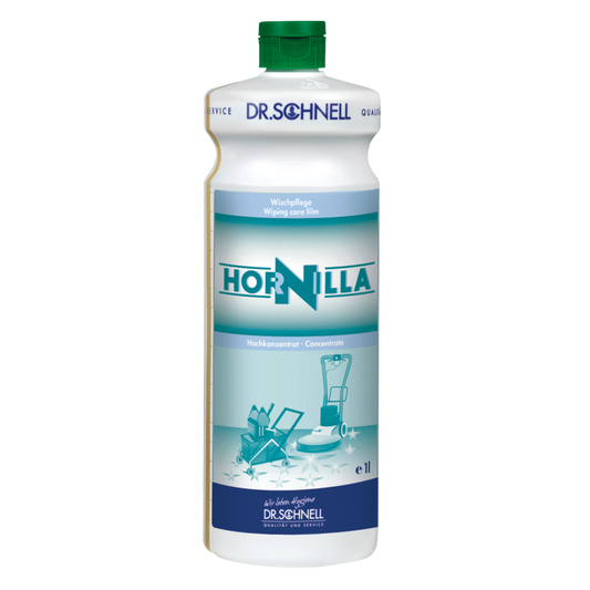 Eine weiße 1-Liter-Flasche Dr. Schnell HORNILLA von DR.SCHNELL GmbH & Co. KGaA, mit grüner Kappe, blauem und blaugrünem Etikett mit Abbildungen von Reinigungsgeräten, entwickelt für eine kraftvolle professionelle Reinigung.