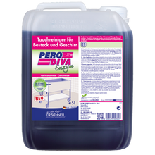 Ein 5-Liter-Kanister Dr. Schnell PERO DIVA ENZYM Tauchbadreiniger von DR.SCHNELL GmbH & Co. KGaA, konzipiert für die Küchen- und Lebensmittelhygiene - ideal für makelloses Besteck und Geschirr, mit deutscher Info und einem Tischdiagramm auf dem Etikett.