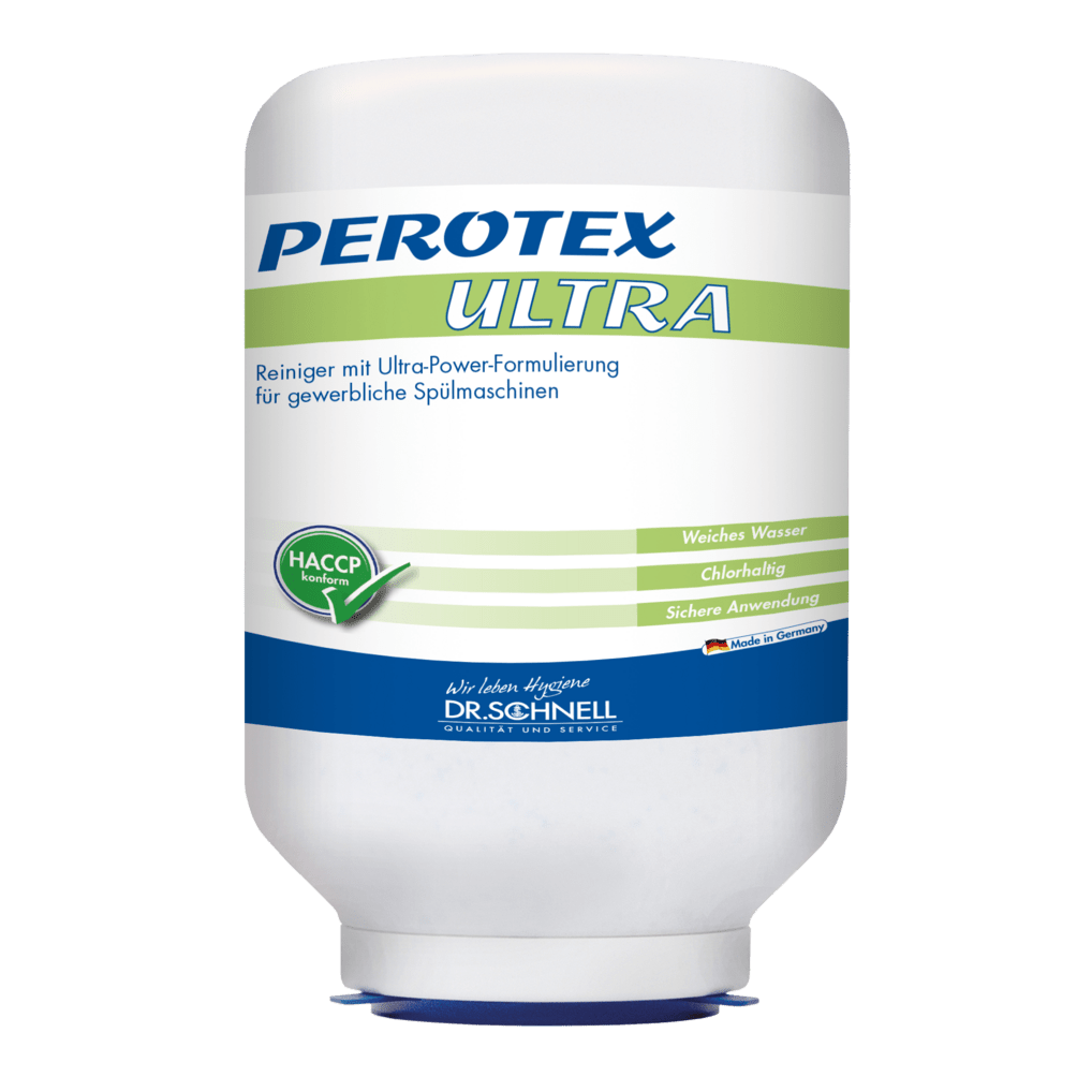 En stor vit 3 kg-patron Dr. Schnell PEROTEX ULTRA diskmedel för kommersiella diskmaskiner, klorhaltigt, från DR.SCHNELL GmbH & Co. KGaA, har blå och gröna detaljer och är märkt med HACCP-certifieringen.