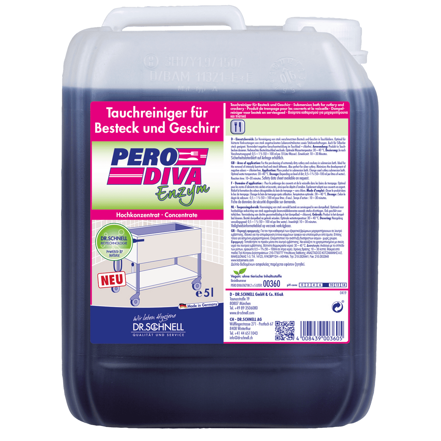 En 5-liters plastbehållare av Dr. Schnell PERO DIVA doppbad rengöringsmedel för köks- och livsmedelshygien från DR.SCHNELL GmbH & Co. KGaA, med rosa och vit etikett med produktinformation, instruktioner och bilder av gnistrande porslin.