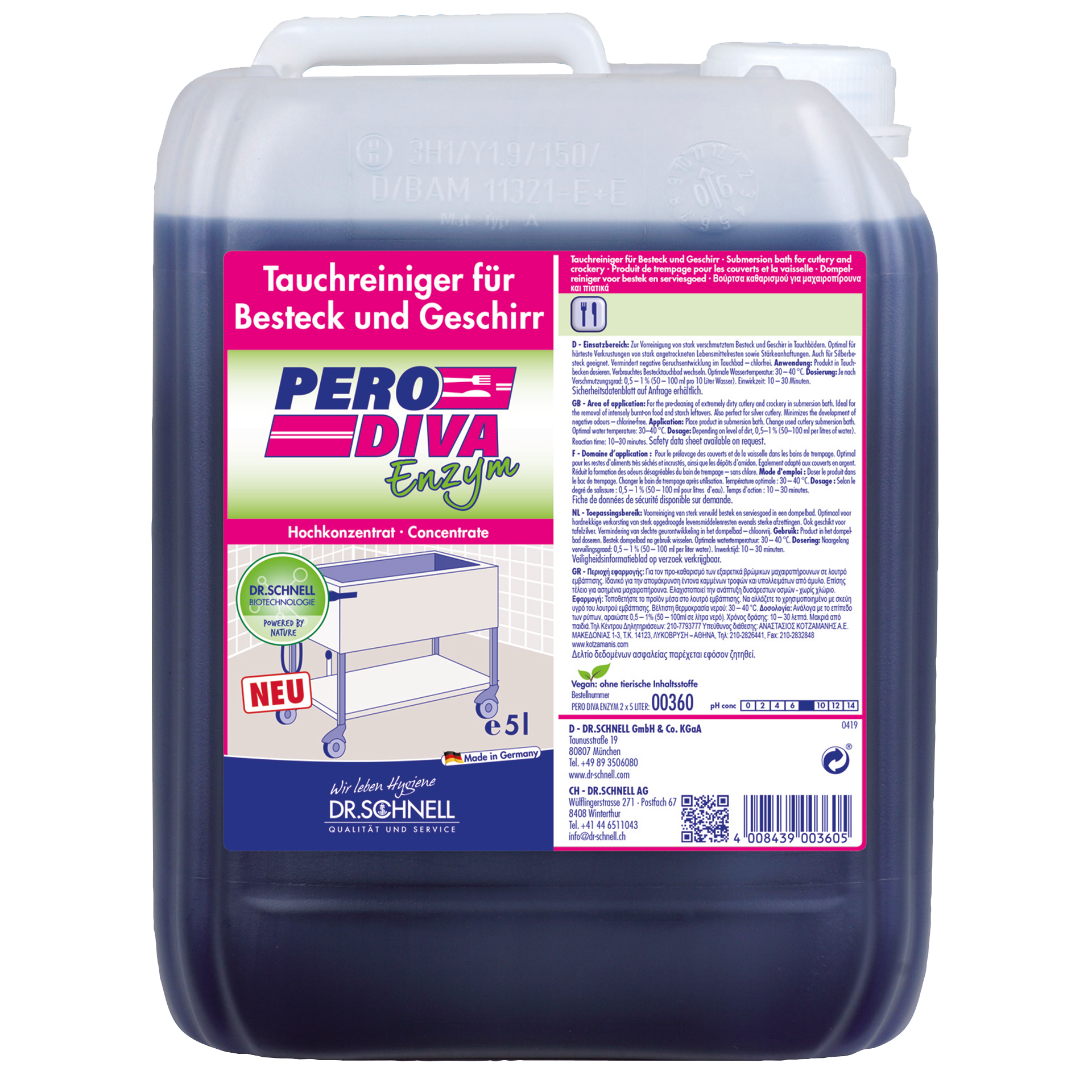 Ein 5-Liter-Kunststoffbehälter des Dr. Schnell PERO DIVA Tauchbadreinigers für Küchen- und Lebensmittelhygiene der DR.SCHNELL GmbH & Co. KGaA, mit rosafarbenem und weißem Etikett mit Produktinformationen, Anweisungen und Bildern von glitzerndem Geschirr.