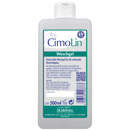 Eine 500 ml Dr. Schnell CIMOLIN Spenderflaschen Hautreinigung der DR.SCHNELL GmbH & Co. KGaA steht aufrecht, hat ein überwiegend weißes Etikett mit blau-grünen Akzenten, einen QR-Code und einen blauen Verschluss.