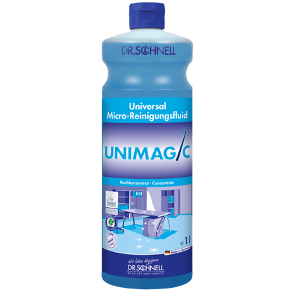 En blå 1-liters flaska Dr. Schnell UNIMAGIC universalrengöring från DR.SCHNELL GmbH & Co. KGaA med blått lock och en etikett med produktinformation och rengöringssymboler.