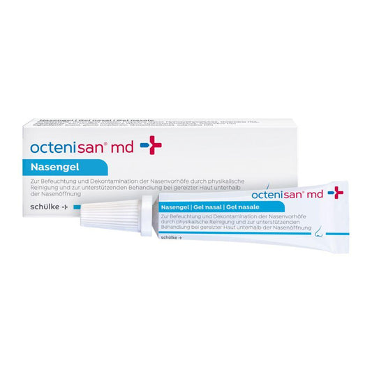 Abgebildet ist eine Schülke Octenisan® md Nasengel-Tube (6 ml) der Schülke & Mayr GmbH mit Verpackung. Beide Tuben sind mit blau-rotem Text, deutschen Beschreibungen und einem medizinischen Kreuzsymbol versehen, das die Anwendung zur Nasenvorhofdesinfektion kennzeichnet. Die Tube hat einen weißen Verschluss.