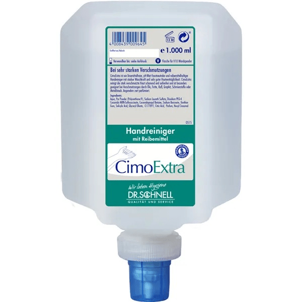 En 1.000 ml Dr. Schnell CIMOEXTRA dispenserflaskor hudrengöring med skurmedel från DR.SCHNELL GmbH & Co. KGaA, med blå dispenserförslutning och grön-vit etikett med produkt- och varumärkesinformation.