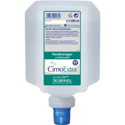 En 1.000 ml Dr. Schnell CIMOEXTRA dispenserflaskor hudrengöring med skurmedel från DR.SCHNELL GmbH & Co. KGaA, med blå dispenserförslutning och grön-vit etikett med produkt- och varumärkesinformation.