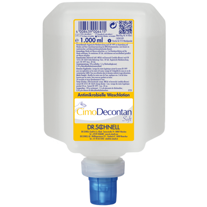 Ein 1000 ml Kunststoffspender der Dr. Schnell CIMODECONTAN SOFT Antimikrobielle Waschlotion der DR.SCHNELL GmbH & Co. KGaA, mit gelb-weißem Etikett und blauer Kappe, zur hygienischen Haut- und Handreinigung.