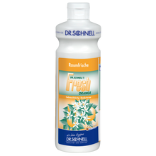Weiße 500-ml-Kunststoffflasche von Dr. Schnell FRESH ORANGE Raumfrische mit frischem Orangenduft der DR.SCHNELL GmbH & Co. KGaA, mit Abbildungen von Orangenblüten und Orangen auf dem Etikett.