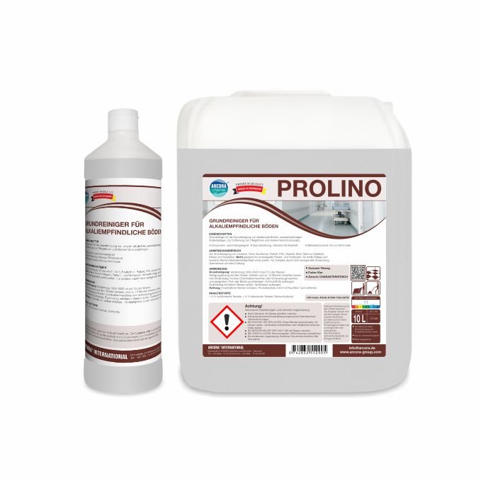 Avbildad är två behållare av Arcora PROLINO GRUNDREINIGER FÖR ALKALIKÄNSLIGA GOLV från Arcora International GmbH: en hög vit flaska med smal hals och en större dunk med handtag, båda försedda med produktetiketter och varningar.