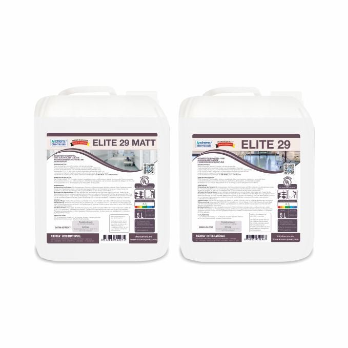 Två vita 5-litersbehållare med texten "Arcora Elite 29" erbjuder en desinfektions- och alkoholbeständig golvbeläggning, idealisk för användning inomhus hos Arcora International GmbH.