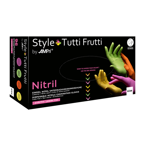 AMPri Style Tutti Frutti nitrilhandskar, puderfria, blandade färger | Förpackning (96 stycken)