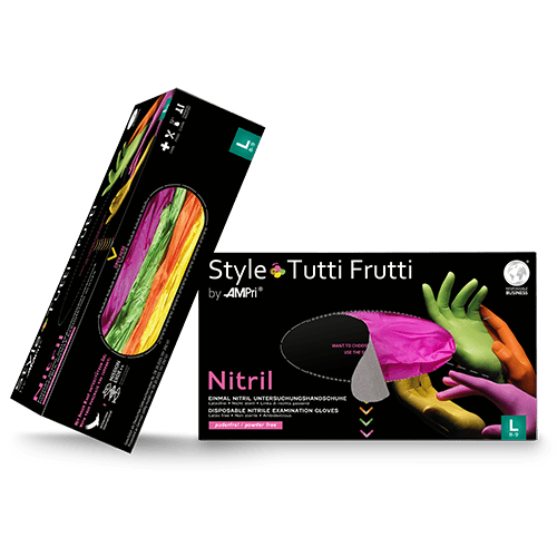 AMPri Style Tutti Frutti nitrilhandskar, puderfria, blandade färger | Förpackning (96 stycken)