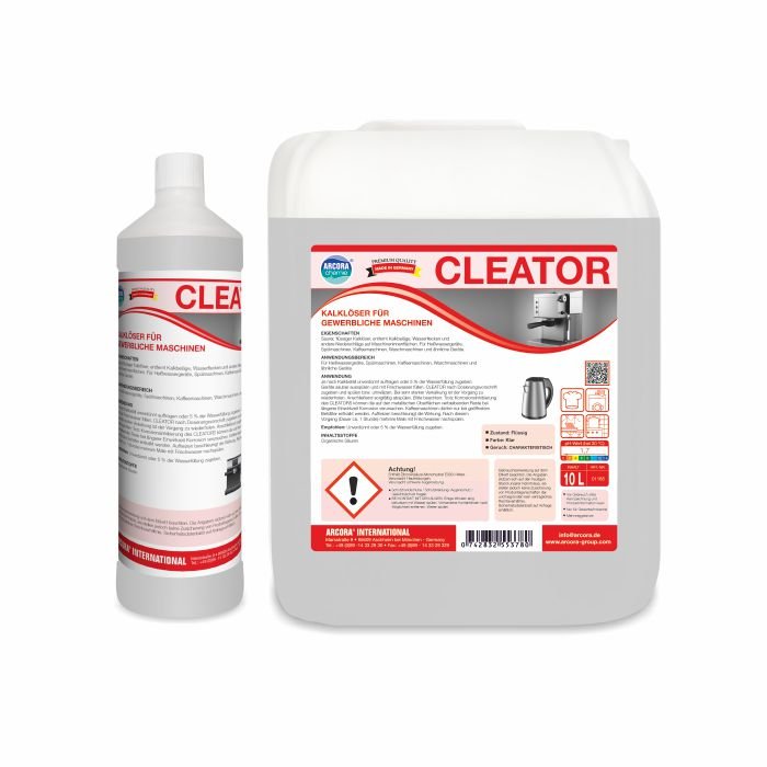 Två Arcora CLEATOR KALKLÖSARE FÖR KOMMERSIELLA MASKINER från Arcora International GmbH: 1L flaska och 10L dunk med röd-vit etikett. Perfekt för att ta bort kalkavlagringar i industriell användning.