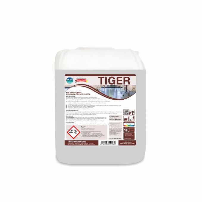 En vit 10-liters plastbehållare från Arcora International GmbH har texten "TIGER", produktdetaljer, farosymboler och rengöringsanvisningar. Den innehåller Arcora Tiger högpresterande universell grundrengöring för mångsidiga rengöringsuppgifter.