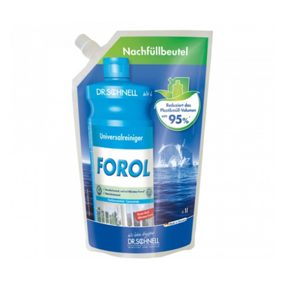 En 1-liters påfyllningspåse av Dr. Schnell Forol Universalrengöringskoncentrat från DR.SCHNELL GmbH & Co. KGaA med blå-vit-grön text och pip är 95% plastfri förpackad.