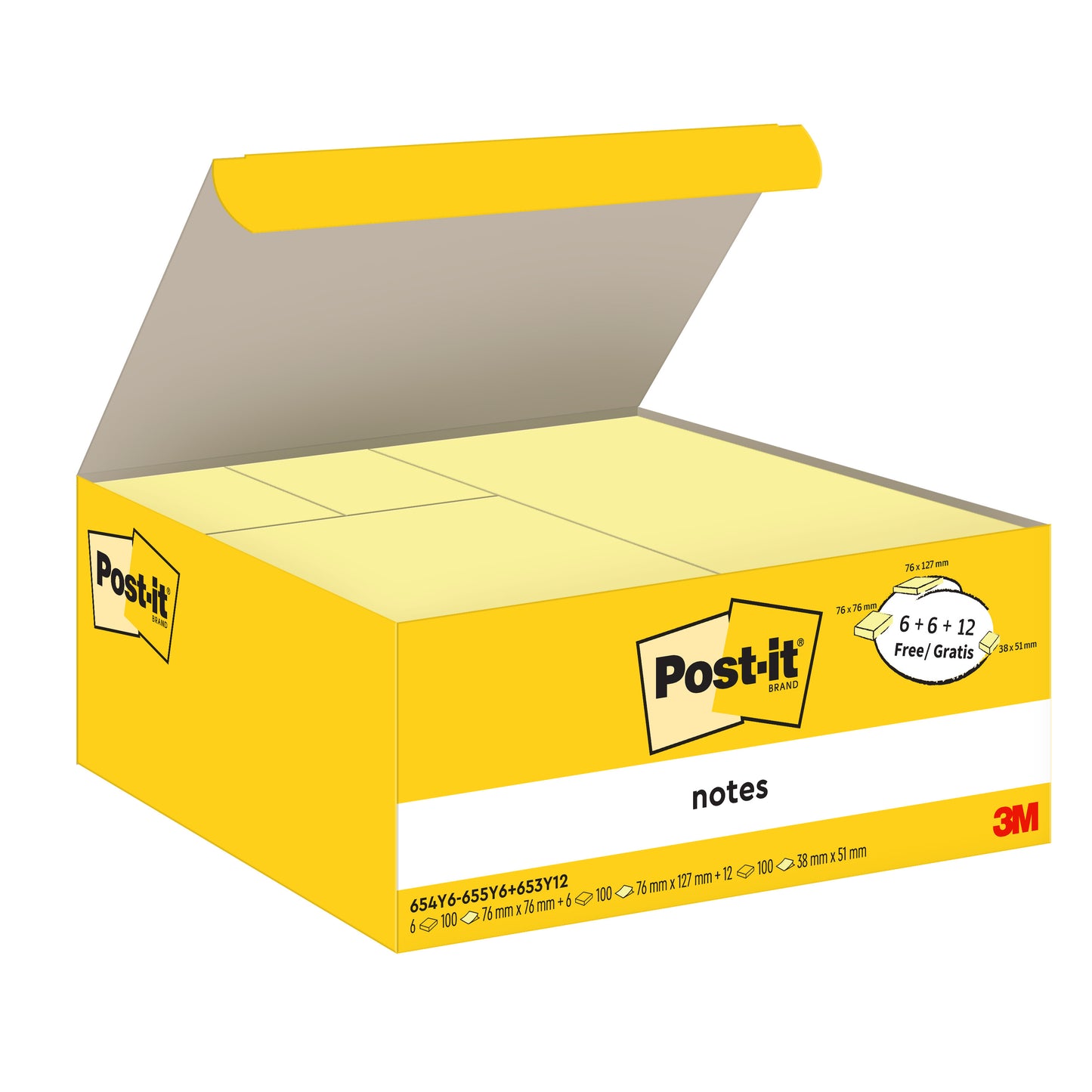Eine gelbe Schachtel mit Post-it® Notes (verschiedene Größen) von 3M Deutschland GmbH, Kartonverpackung mit Deckel offen, zeigt mehrere gelbe Pads. 12 Blöcke + 12 gratis/Packung. Hergestellt aus 100% PEFC zertifiziertem Papier.
