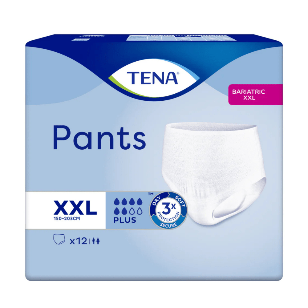 TENA Pants Bariatric Plus XXL från TENA - Essity Germany GmbH är en inkontinensbyxa för 150-203 cm höftomfång, erbjuder ökat skydd och mjukhet och finns tillgänglig individuellt (1 styck) i förpackningen.