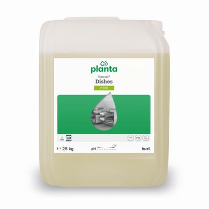 En 25-litersdunk av genomskinlig plast med Vamat® Geschirr P948 från BUZIL-WERK, ett miljövänligt, alkaliskt flytande glas- och diskmedel för kommersiella diskmaskiner, med en grön-vit etikett och en bild av köksredskap på framsidan.