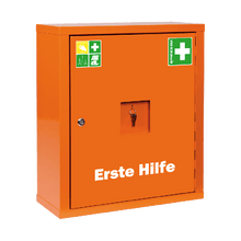 Första hjälpen-skåp EUROSAFE i orange med innehåll enligt ÖNORM Z 1020 2