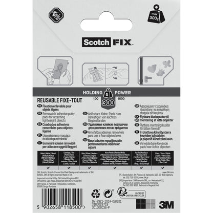 Rückseite einer Packung 3M Deutschland GmbH Scotch-FIX™ Ablösbare Klebepads 301008C36-P (11mm x 15mm, 36 Stück) mit Anleitungen mit Abbildungen, mehrsprachigen Informationen, Haltekraftangaben und Branding auf einer schwarz-weiß-grauen Verpackung.